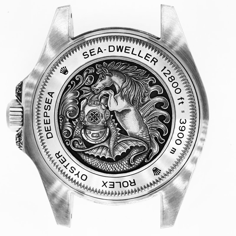Rolex Deepsea Sea-Dweller watchback engraved with a nautical theme, sea horse mythical creature and diving helmet