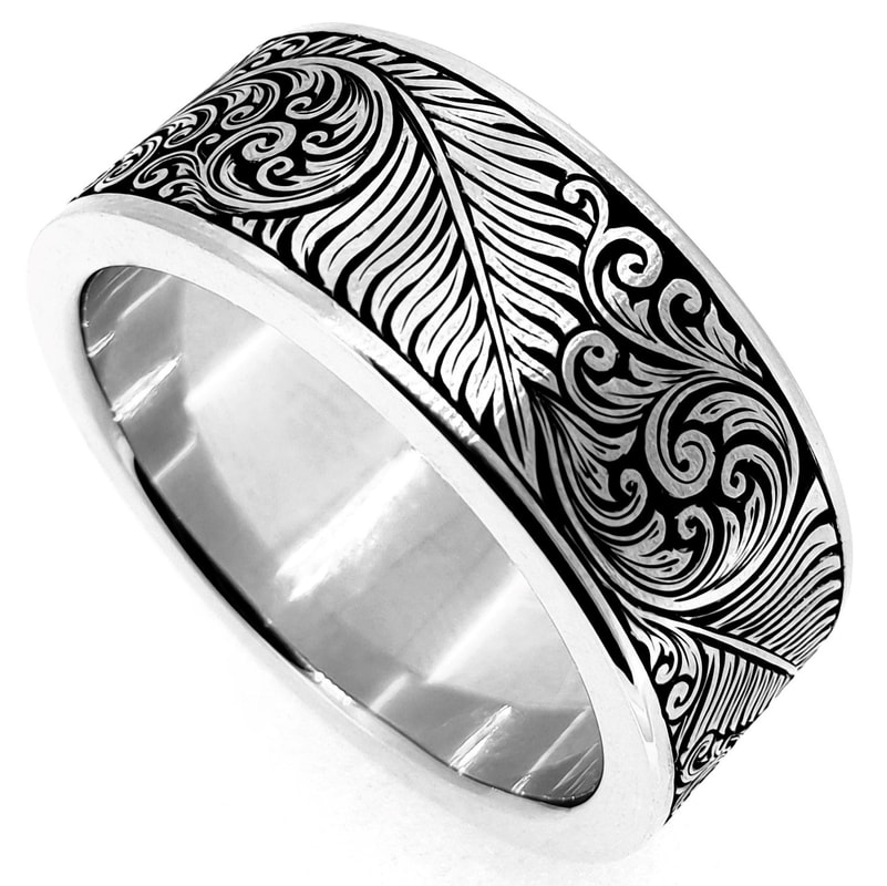 Wide white gold mens wedding ring, hand engraved with a scroll and fern leaf pattern - New Zealand inspired