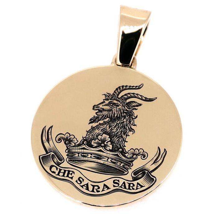 Round 9ct yellow gold pendant hand engraved with a family crest and motto 'Che Sara Sara'