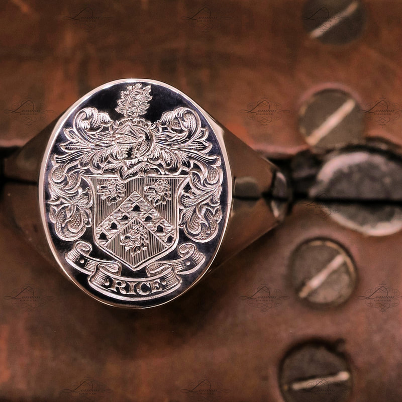 Rice Coat of Arms, surface engraved on an oxford oval signet ring