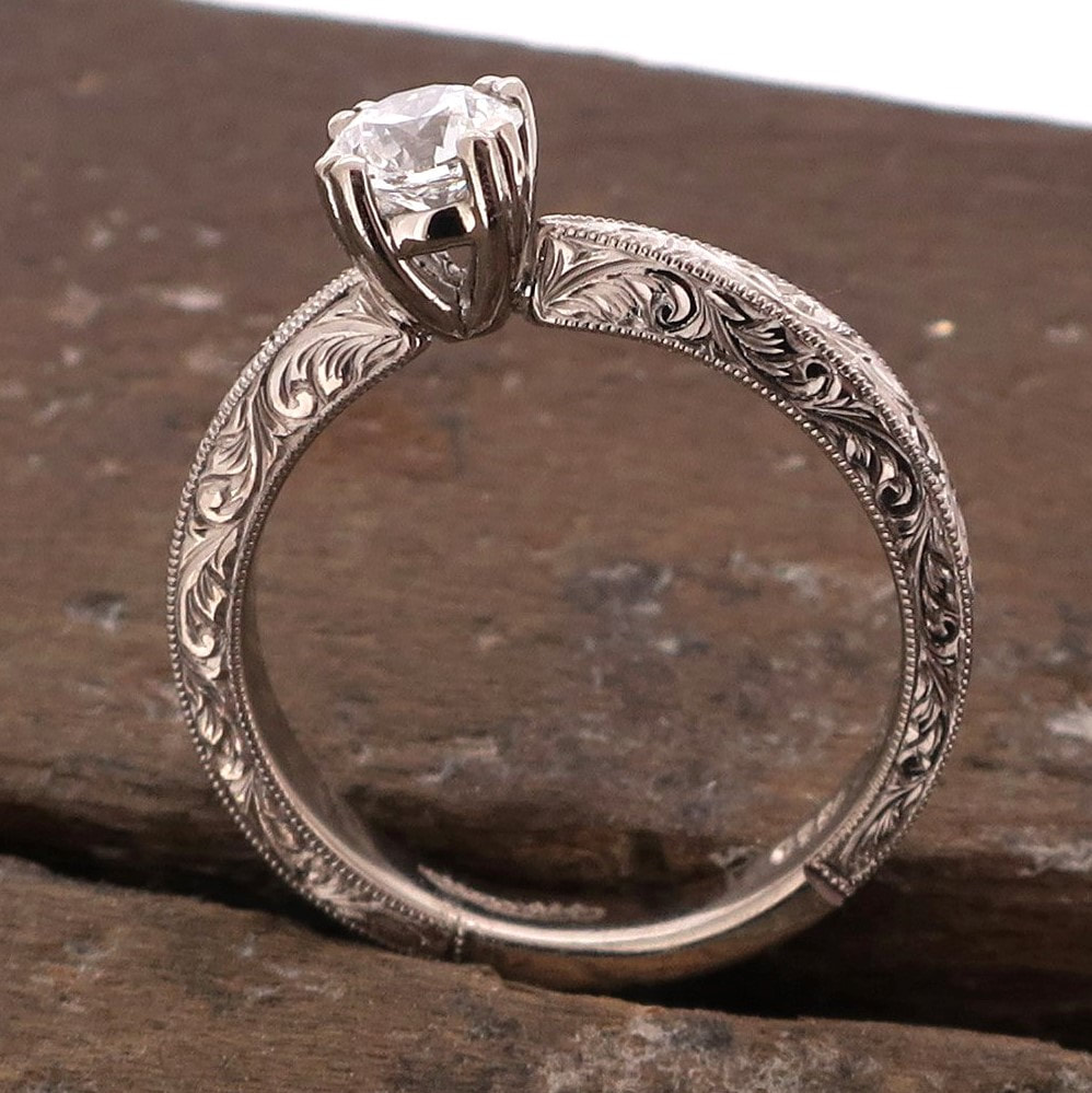 Ladies white gold engagement ring, hand engraved with scrollwork and milgrain 
