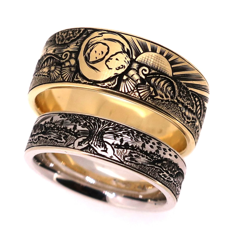 Matching custom 'story' wedding rings, beach theme with tree of life