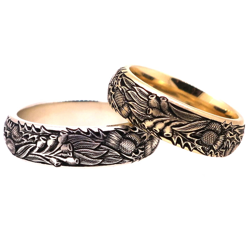 Custom designed thistle, gum nut and eucalyptus leaf matching wedding rings - representing Scottish and Australian heritage