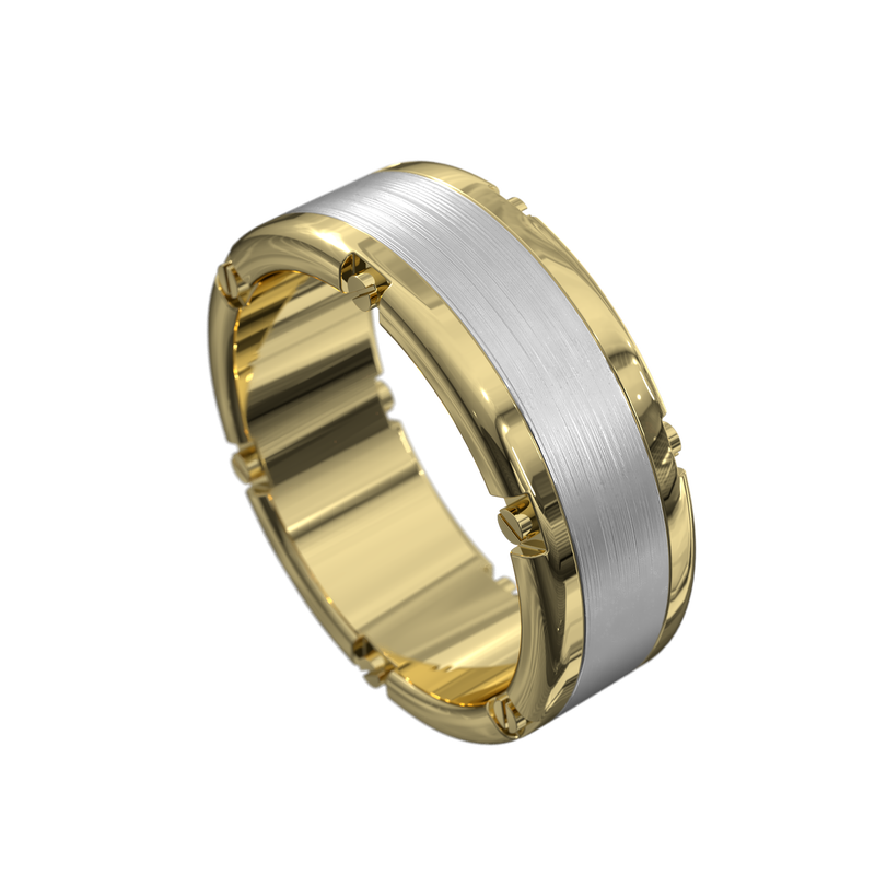 Yellow gold mens wedding ring with white gold centre