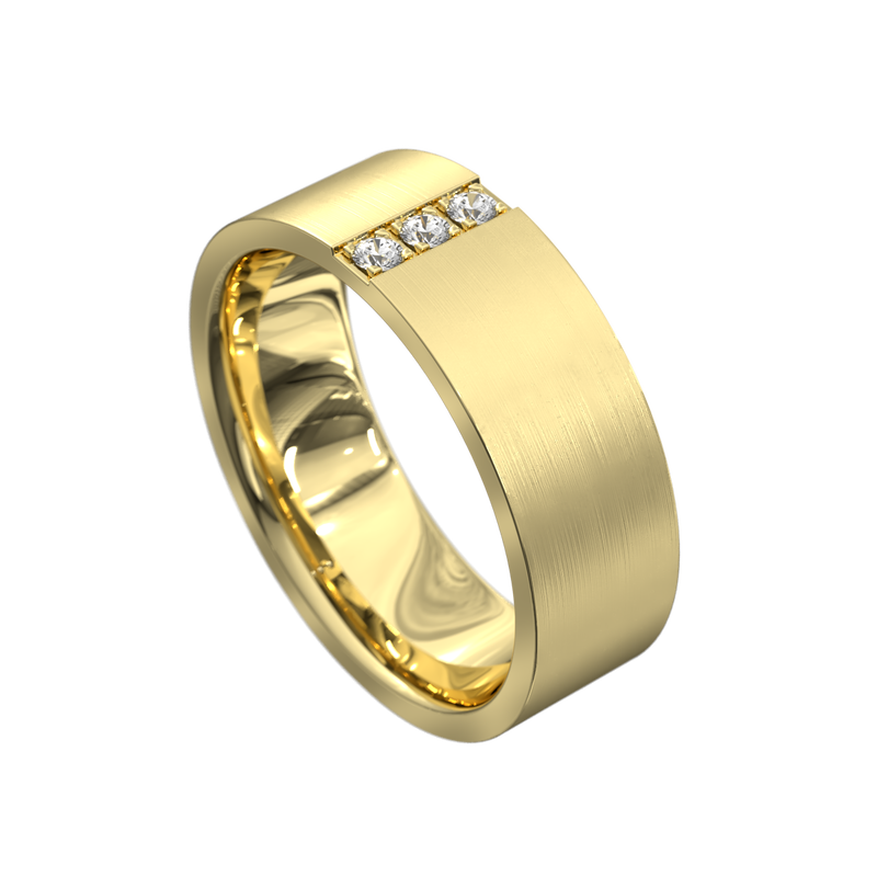 18ct yellow gold mens wedding ring, with 3 diamonds set vertically in the centre