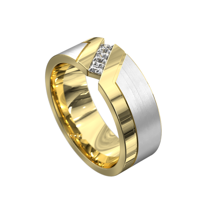 Two toned gents wedding ring, white gold and yellow gold, with 3 diagonal set diamonds