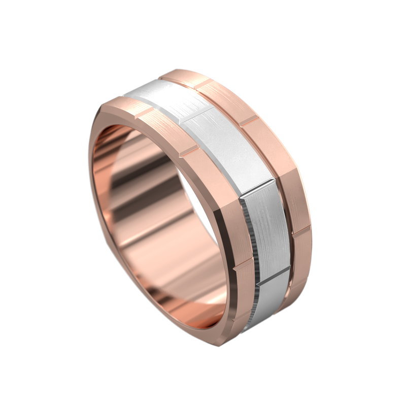TV shaped mens wedding ring, two toned rose gold with white gold centre